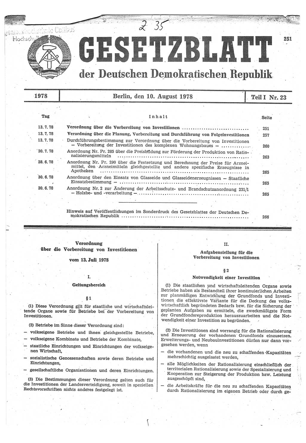 Gesetzblatt (GBl.) der Deutschen Demokratischen Republik (DDR) Teil Ⅰ 1978, Seite 251 (GBl. DDR Ⅰ 1978, S. 251)