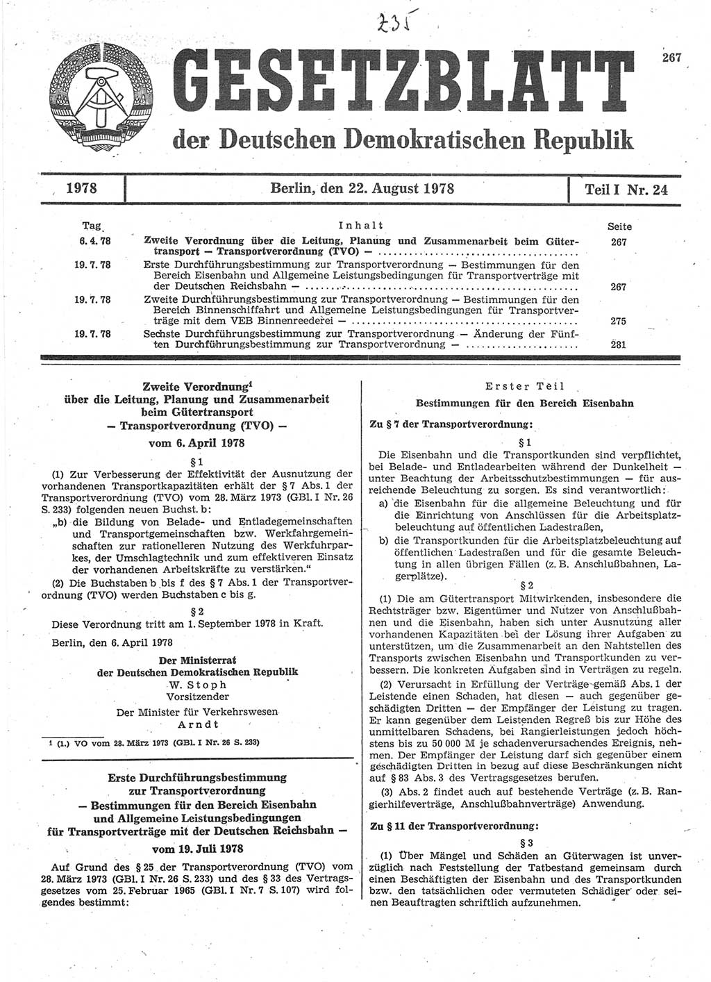 Gesetzblatt (GBl.) der Deutschen Demokratischen Republik (DDR) Teil Ⅰ 1978, Seite 267 (GBl. DDR Ⅰ 1978, S. 267)