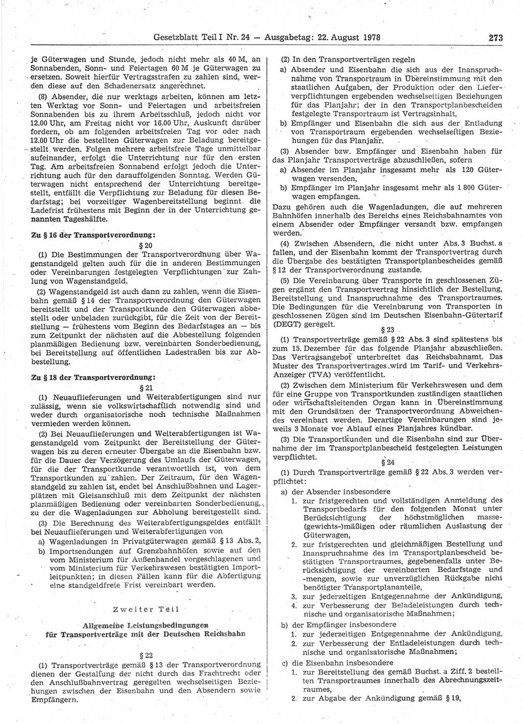 Gesetzblatt (GBl.) der Deutschen Demokratischen Republik (DDR) Teil Ⅰ 1978, Seite 273 (GBl. DDR Ⅰ 1978, S. 273)