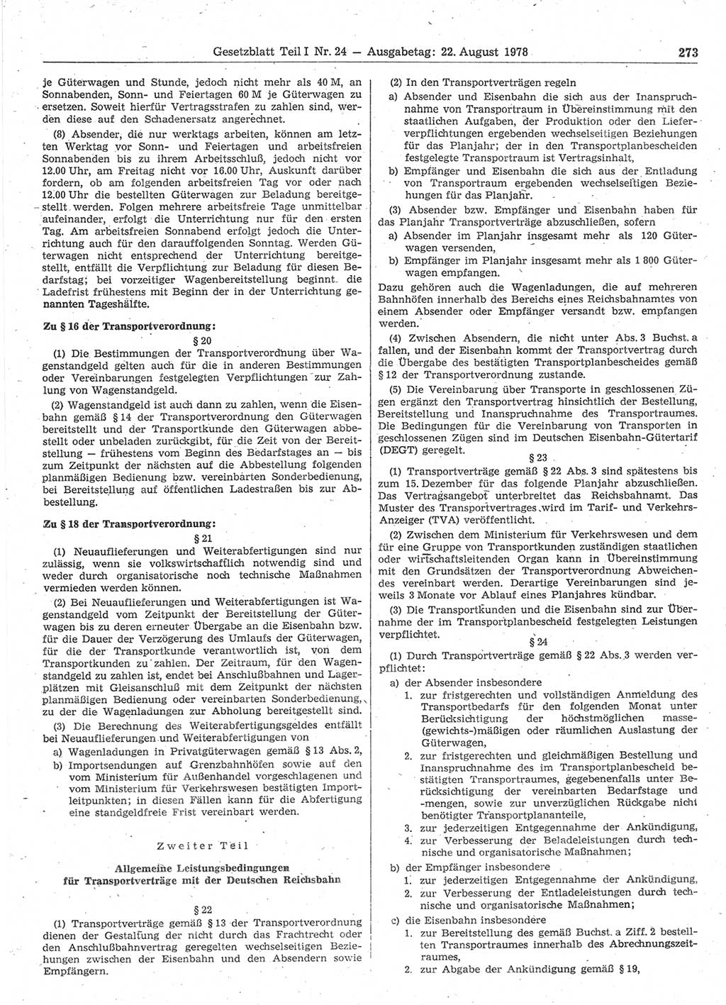 Gesetzblatt (GBl.) der Deutschen Demokratischen Republik (DDR) Teil Ⅰ 1978, Seite 273 (GBl. DDR Ⅰ 1978, S. 273)