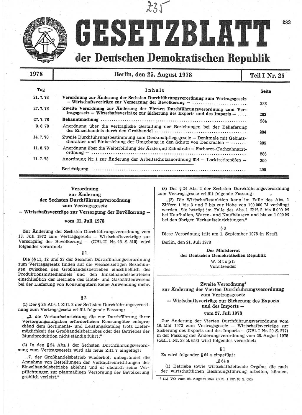 Gesetzblatt (GBl.) der Deutschen Demokratischen Republik (DDR) Teil Ⅰ 1978, Seite 283 (GBl. DDR Ⅰ 1978, S. 283)