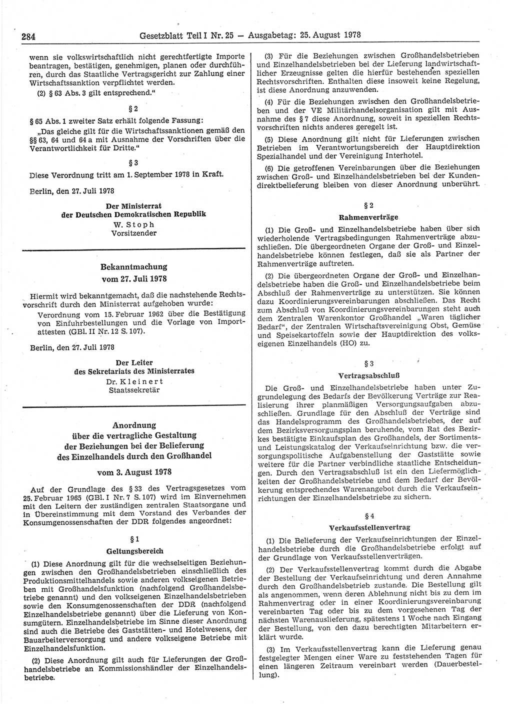 Gesetzblatt (GBl.) der Deutschen Demokratischen Republik (DDR) Teil Ⅰ 1978, Seite 284 (GBl. DDR Ⅰ 1978, S. 284)