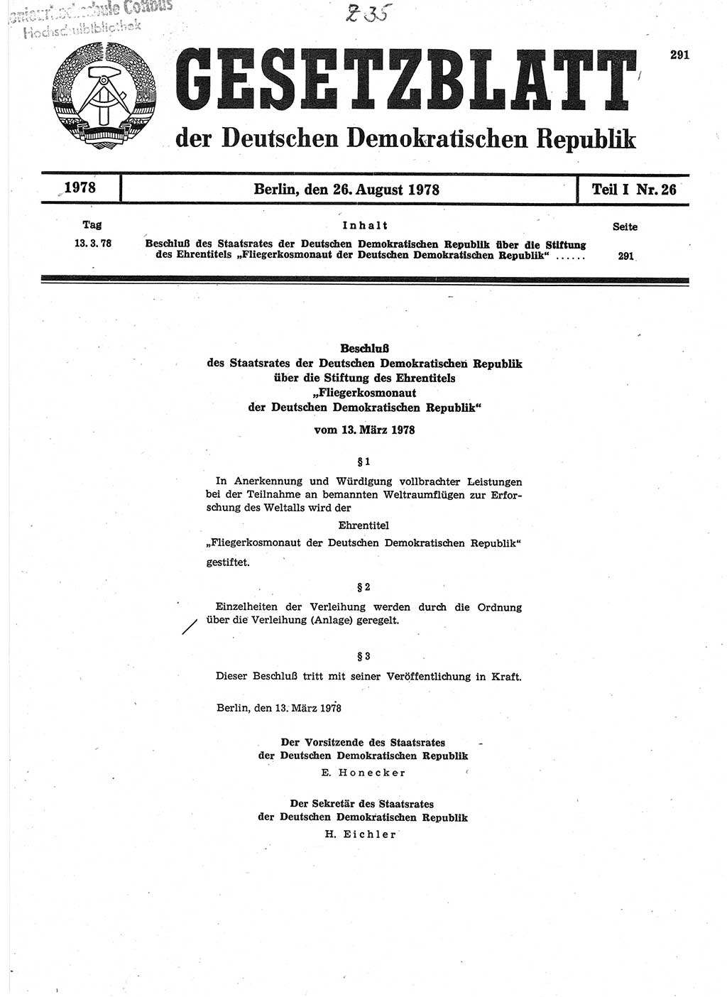 Gesetzblatt (GBl.) der Deutschen Demokratischen Republik (DDR) Teil Ⅰ 1978, Seite 291 (GBl. DDR Ⅰ 1978, S. 291)