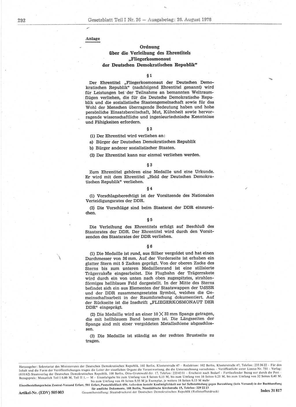Gesetzblatt (GBl.) der Deutschen Demokratischen Republik (DDR) Teil Ⅰ 1978, Seite 292 (GBl. DDR Ⅰ 1978, S. 292)