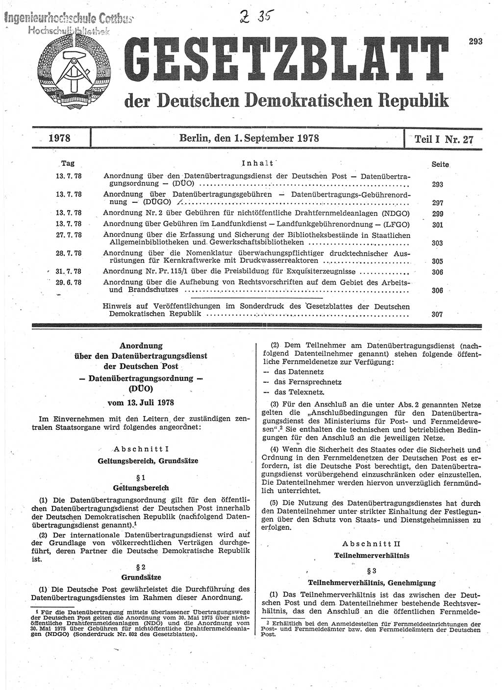 Gesetzblatt (GBl.) der Deutschen Demokratischen Republik (DDR) Teil Ⅰ 1978, Seite 293 (GBl. DDR Ⅰ 1978, S. 293)