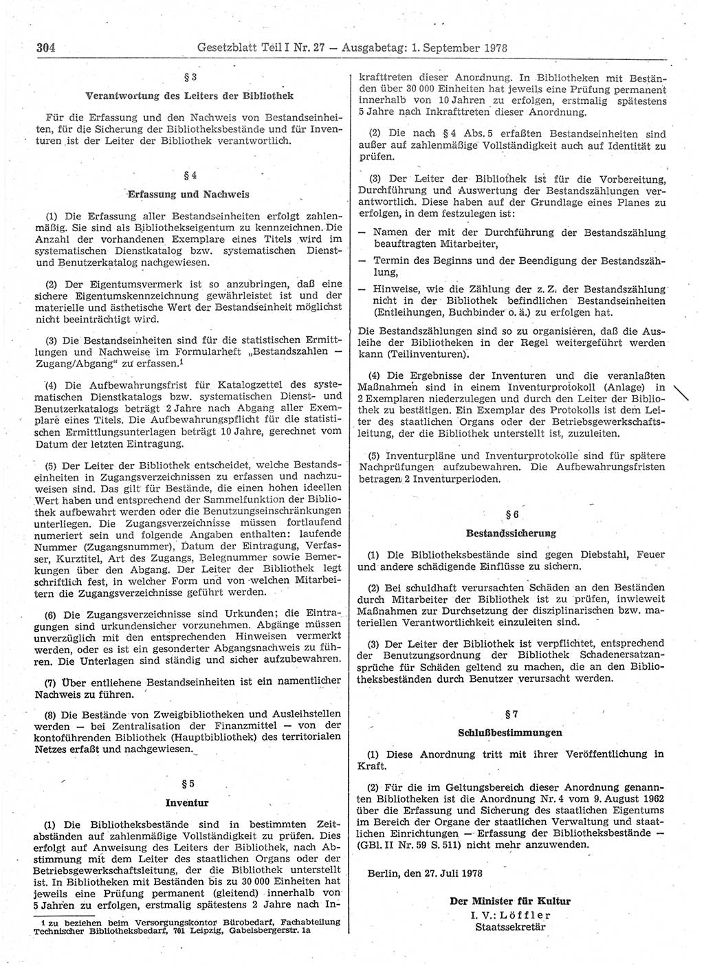 Gesetzblatt (GBl.) der Deutschen Demokratischen Republik (DDR) Teil Ⅰ 1978, Seite 304 (GBl. DDR Ⅰ 1978, S. 304)