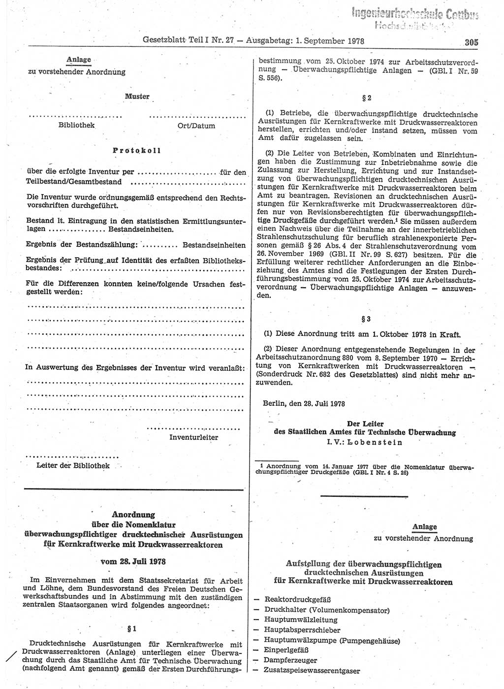 Gesetzblatt (GBl.) der Deutschen Demokratischen Republik (DDR) Teil Ⅰ 1978, Seite 305 (GBl. DDR Ⅰ 1978, S. 305)