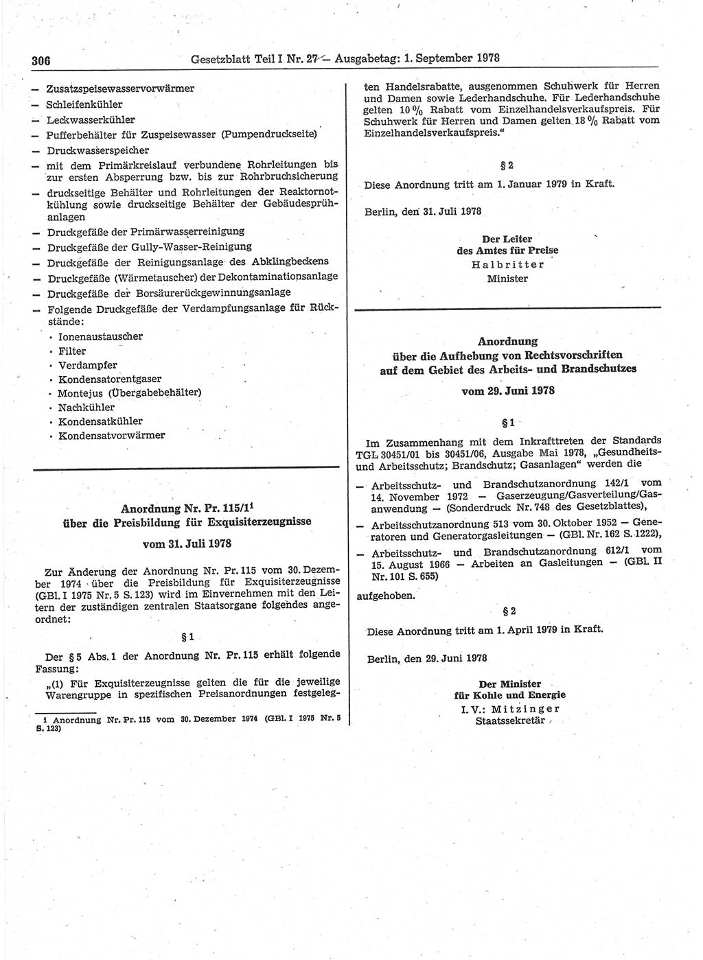 Gesetzblatt (GBl.) der Deutschen Demokratischen Republik (DDR) Teil Ⅰ 1978, Seite 306 (GBl. DDR Ⅰ 1978, S. 306)