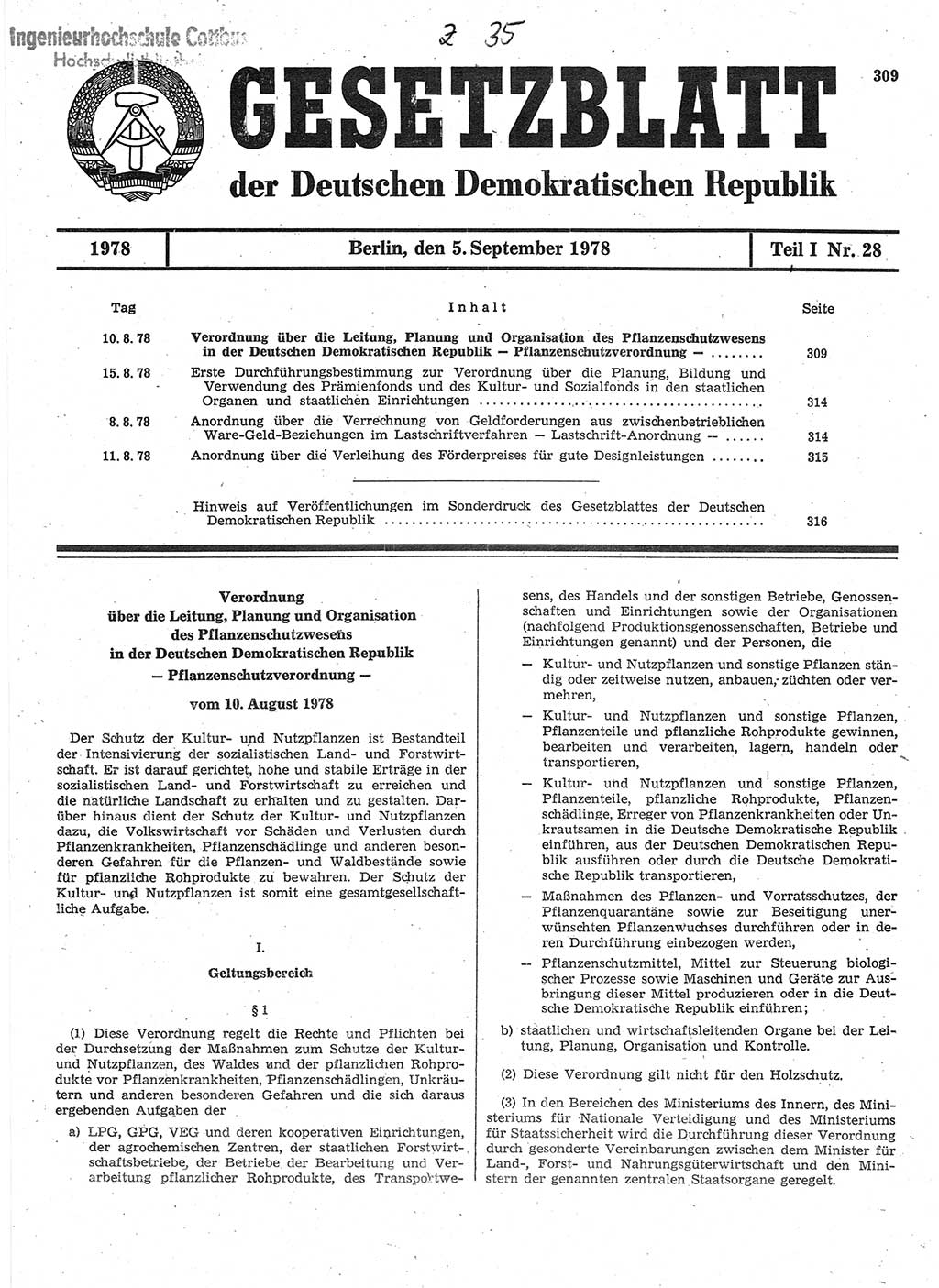 Gesetzblatt (GBl.) der Deutschen Demokratischen Republik (DDR) Teil Ⅰ 1978, Seite 309 (GBl. DDR Ⅰ 1978, S. 309)