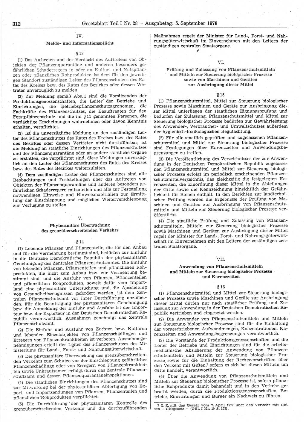 Gesetzblatt (GBl.) der Deutschen Demokratischen Republik (DDR) Teil Ⅰ 1978, Seite 312 (GBl. DDR Ⅰ 1978, S. 312)
