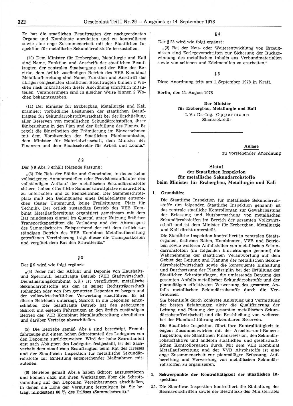 Gesetzblatt (GBl.) der Deutschen Demokratischen Republik (DDR) Teil Ⅰ 1978, Seite 322 (GBl. DDR Ⅰ 1978, S. 322)