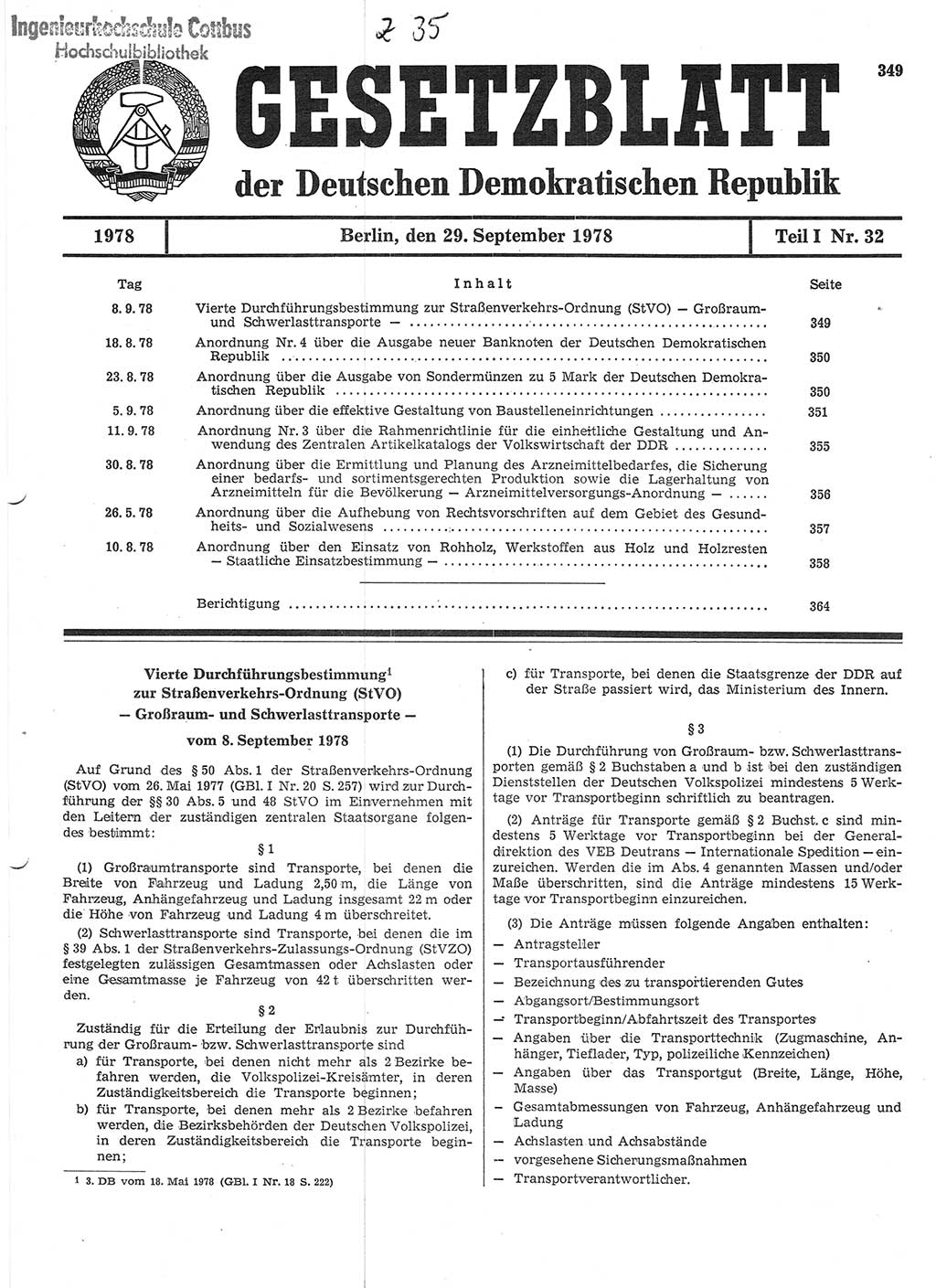 Gesetzblatt (GBl.) der Deutschen Demokratischen Republik (DDR) Teil Ⅰ 1978, Seite 349 (GBl. DDR Ⅰ 1978, S. 349)