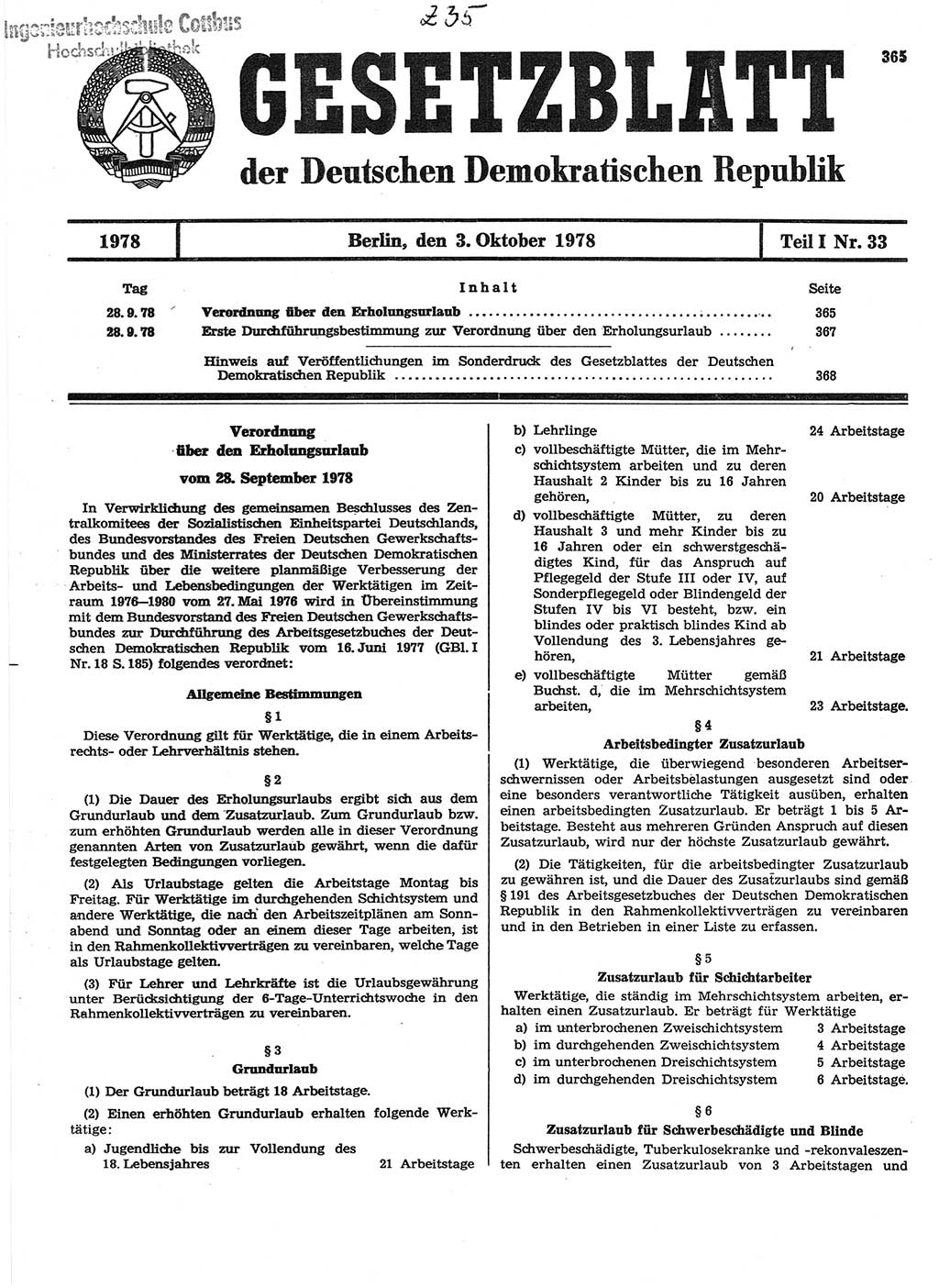 Gesetzblatt (GBl.) der Deutschen Demokratischen Republik (DDR) Teil Ⅰ 1978, Seite 365 (GBl. DDR Ⅰ 1978, S. 365)