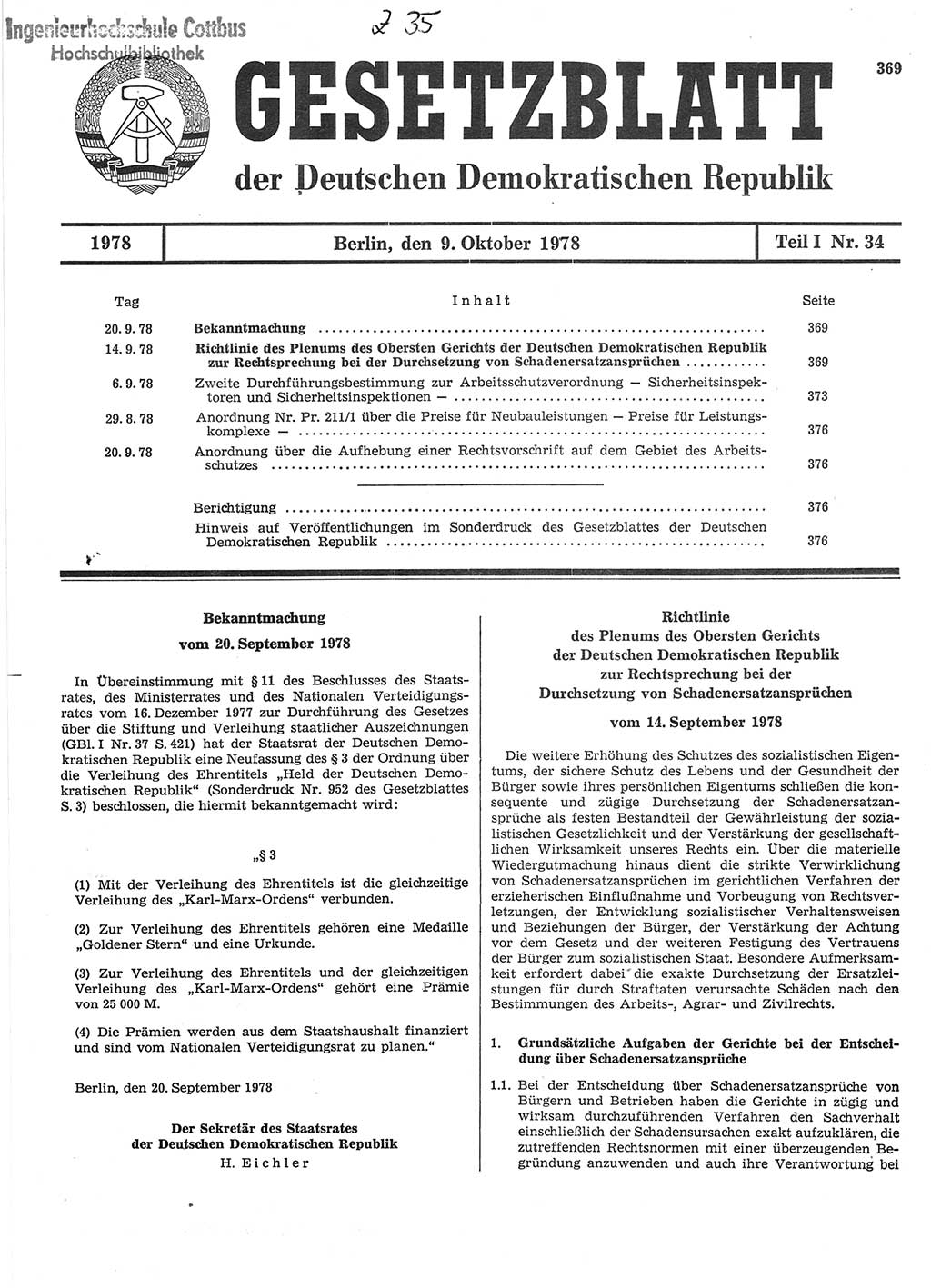 Gesetzblatt (GBl.) der Deutschen Demokratischen Republik (DDR) Teil Ⅰ 1978, Seite 369 (GBl. DDR Ⅰ 1978, S. 369)