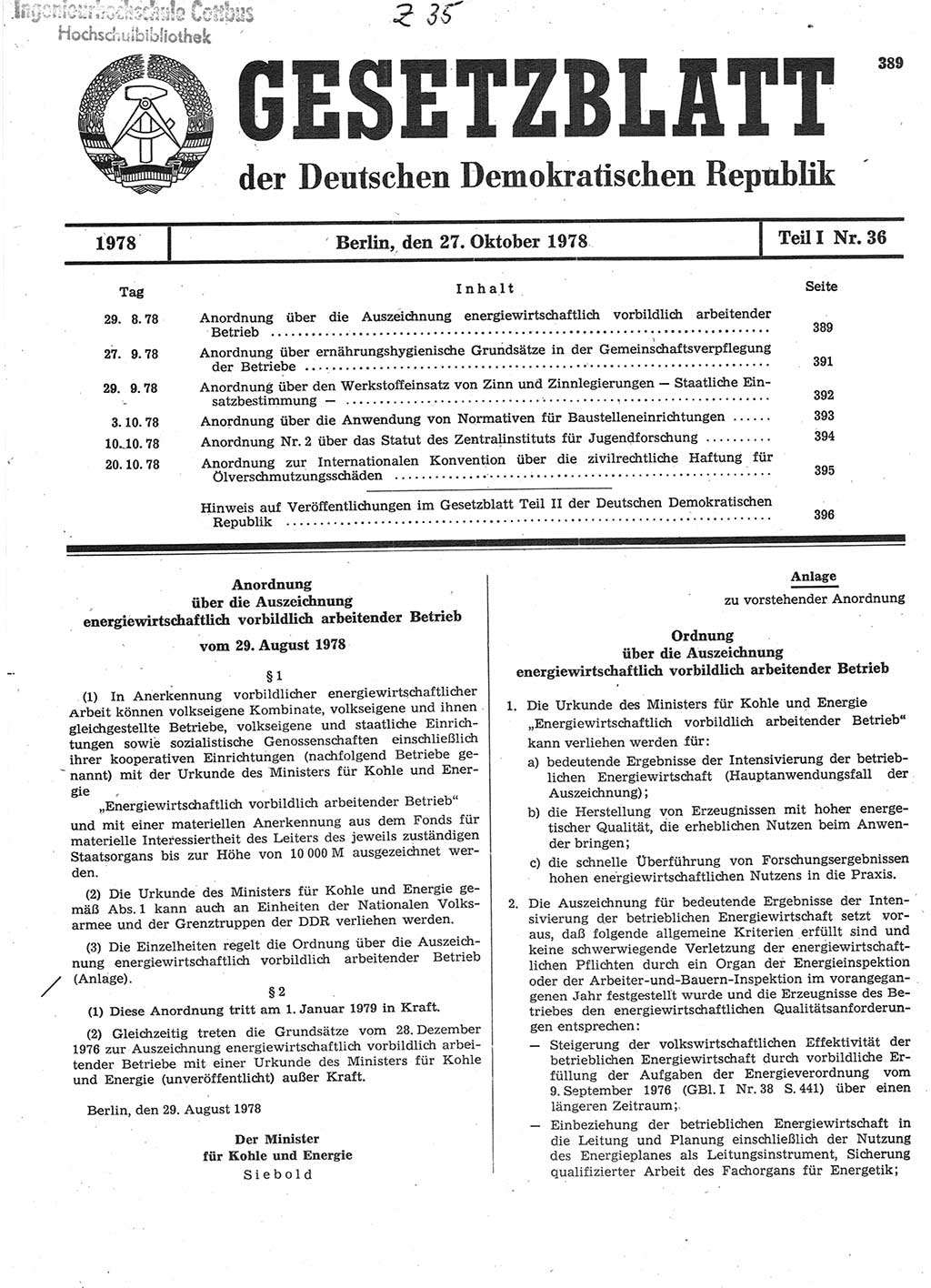 Gesetzblatt (GBl.) der Deutschen Demokratischen Republik (DDR) Teil Ⅰ 1978, Seite 389 (GBl. DDR Ⅰ 1978, S. 389)