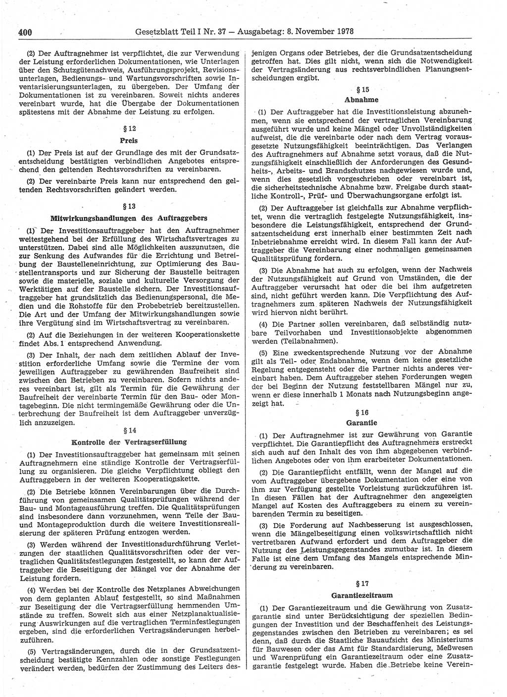 Gesetzblatt (GBl.) der Deutschen Demokratischen Republik (DDR) Teil Ⅰ 1978, Seite 400 (GBl. DDR Ⅰ 1978, S. 400)
