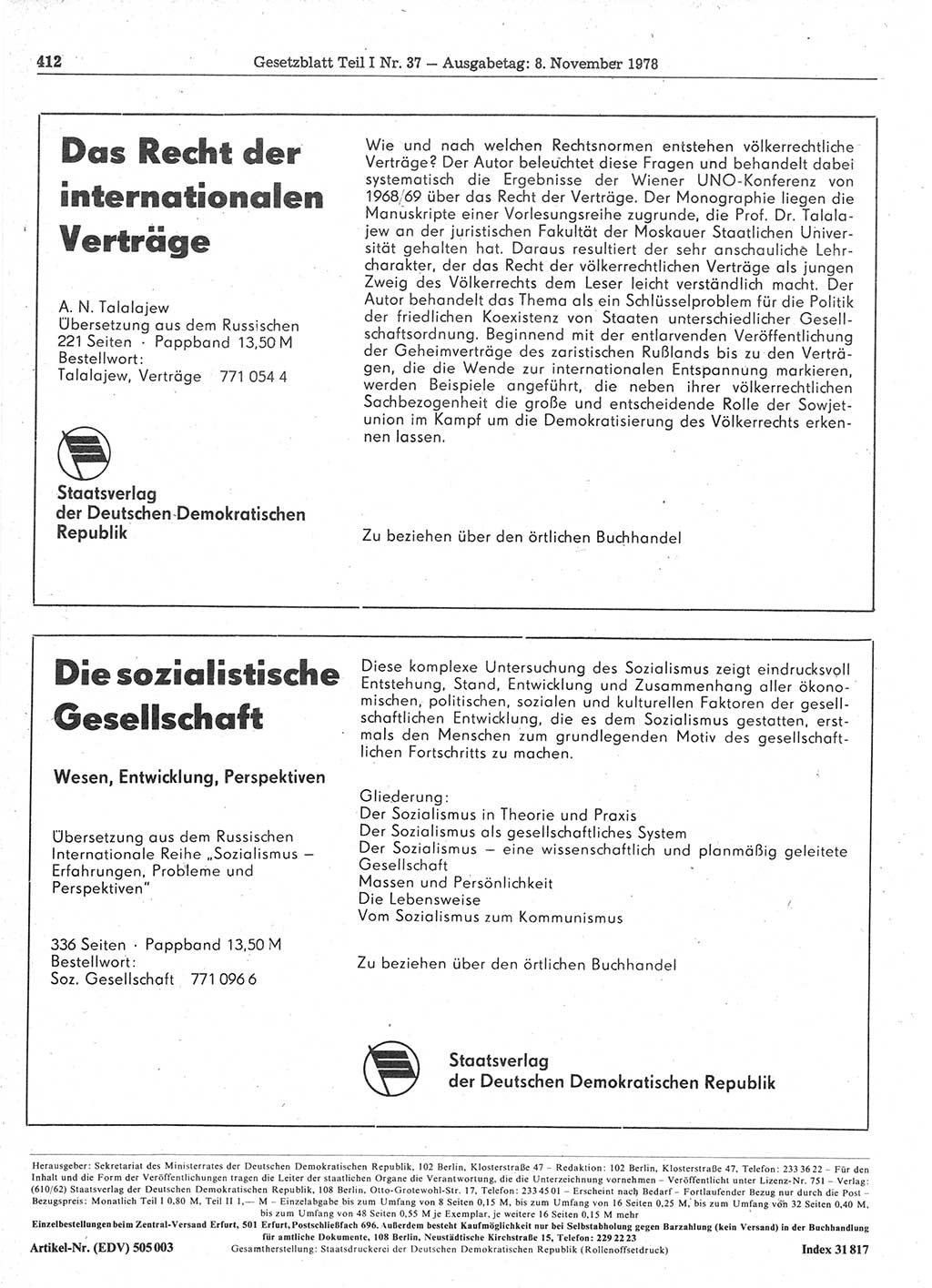 Gesetzblatt (GBl.) der Deutschen Demokratischen Republik (DDR) Teil Ⅰ 1978, Seite 412 (GBl. DDR Ⅰ 1978, S. 412)