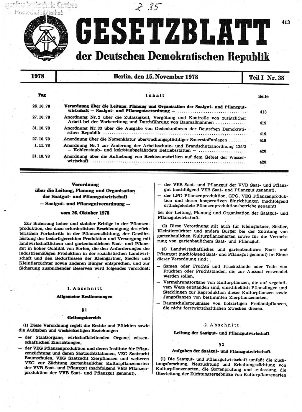 Gesetzblatt (GBl.) der Deutschen Demokratischen Republik (DDR) Teil Ⅰ 1978, Seite 413 (GBl. DDR Ⅰ 1978, S. 413)