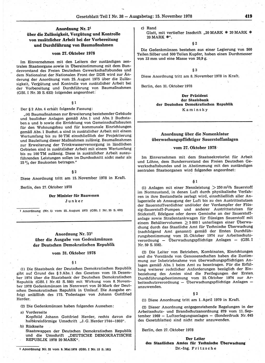 Gesetzblatt (GBl.) der Deutschen Demokratischen Republik (DDR) Teil Ⅰ 1978, Seite 419 (GBl. DDR Ⅰ 1978, S. 419)