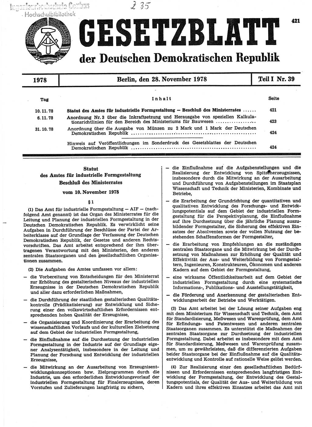 Gesetzblatt (GBl.) der Deutschen Demokratischen Republik (DDR) Teil Ⅰ 1978, Seite 421 (GBl. DDR Ⅰ 1978, S. 421)