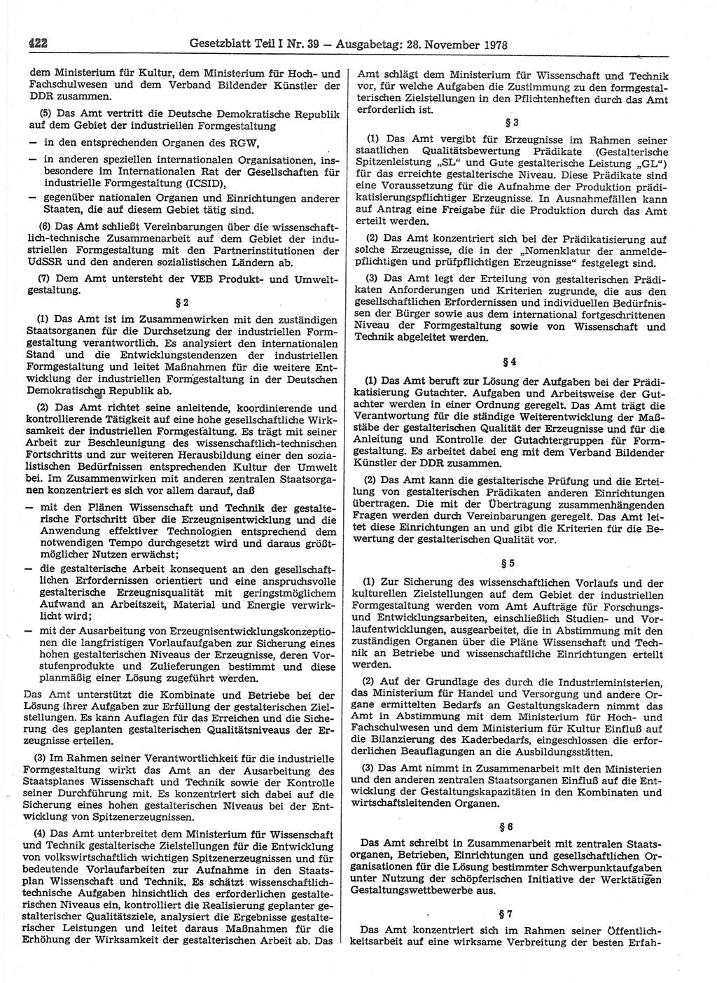 Gesetzblatt (GBl.) der Deutschen Demokratischen Republik (DDR) Teil Ⅰ 1978, Seite 422 (GBl. DDR Ⅰ 1978, S. 422)