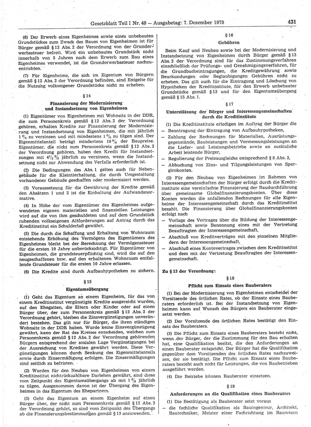 Gesetzblatt (GBl.) der Deutschen Demokratischen Republik (DDR) Teil Ⅰ 1978, Seite 431 (GBl. DDR Ⅰ 1978, S. 431)