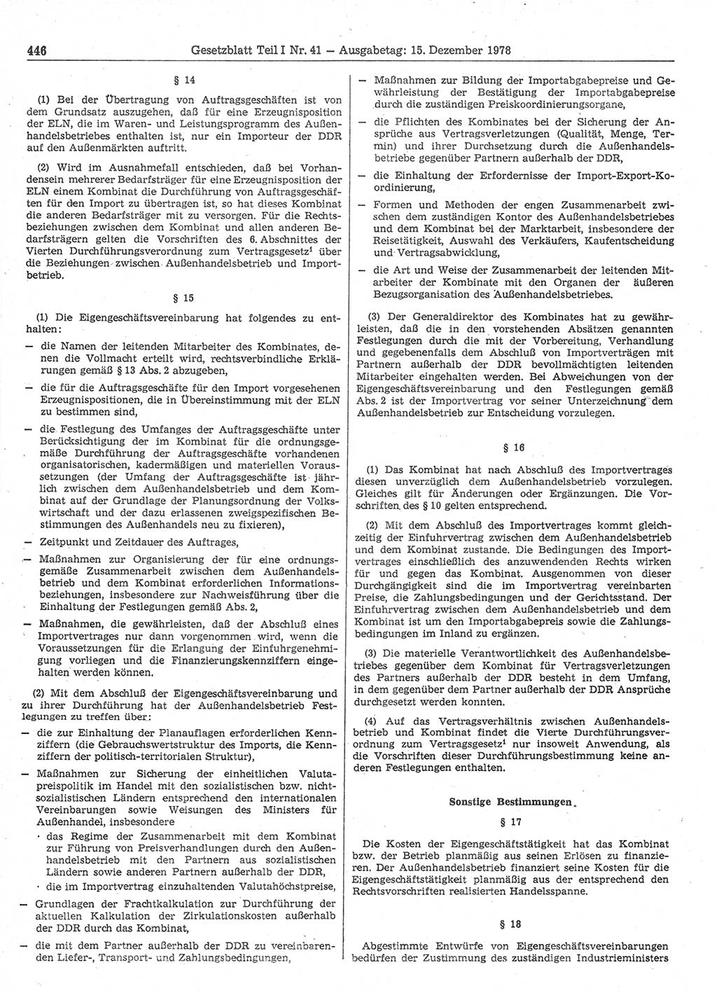 Gesetzblatt (GBl.) der Deutschen Demokratischen Republik (DDR) Teil Ⅰ 1978, Seite 446 (GBl. DDR Ⅰ 1978, S. 446)