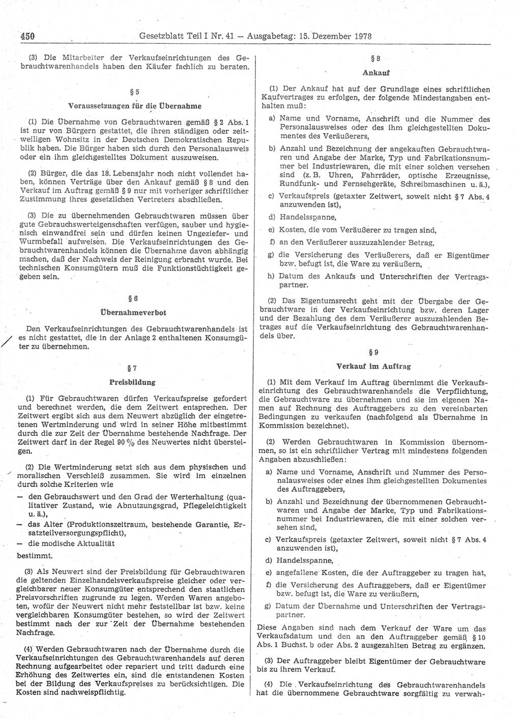 Gesetzblatt (GBl.) der Deutschen Demokratischen Republik (DDR) Teil Ⅰ 1978, Seite 450 (GBl. DDR Ⅰ 1978, S. 450)