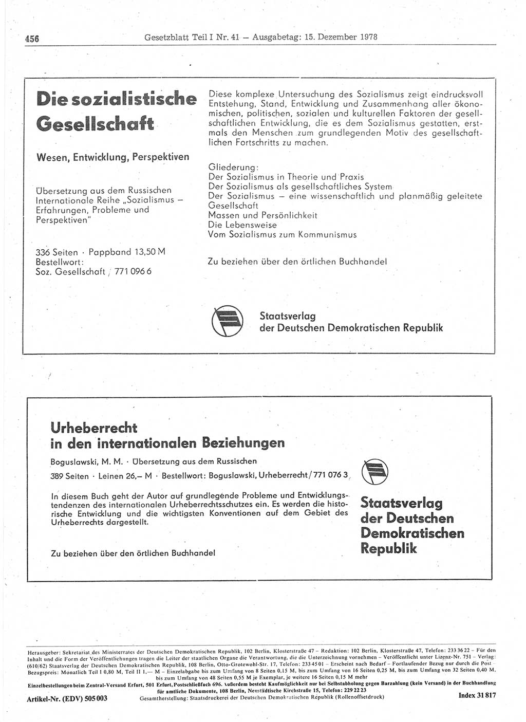 Gesetzblatt (GBl.) der Deutschen Demokratischen Republik (DDR) Teil Ⅰ 1978, Seite 456 (GBl. DDR Ⅰ 1978, S. 456)