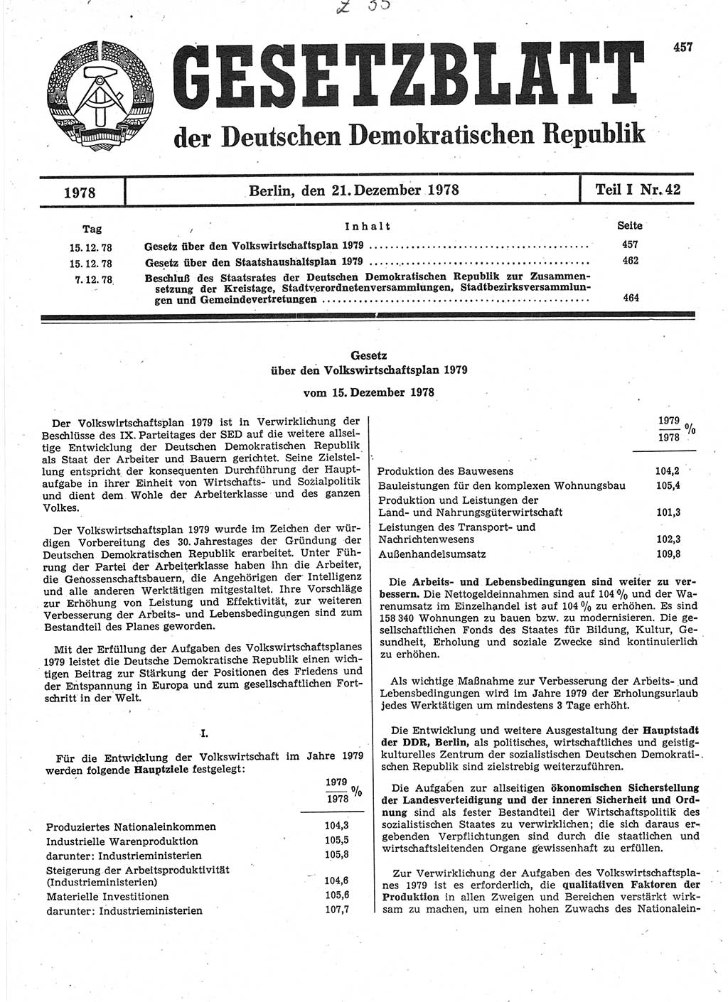 Gesetzblatt (GBl.) der Deutschen Demokratischen Republik (DDR) Teil Ⅰ 1978, Seite 457 (GBl. DDR Ⅰ 1978, S. 457)
