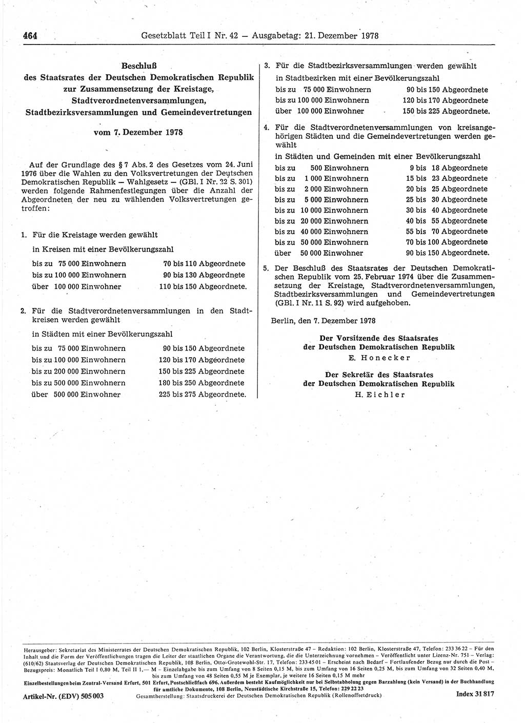 Gesetzblatt (GBl.) der Deutschen Demokratischen Republik (DDR) Teil Ⅰ 1978, Seite 464 (GBl. DDR Ⅰ 1978, S. 464)