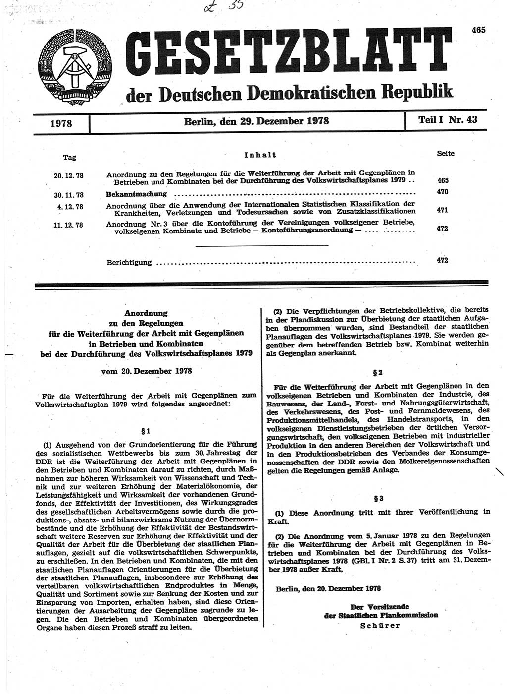Gesetzblatt (GBl.) der Deutschen Demokratischen Republik (DDR) Teil Ⅰ 1978, Seite 465 (GBl. DDR Ⅰ 1978, S. 465)