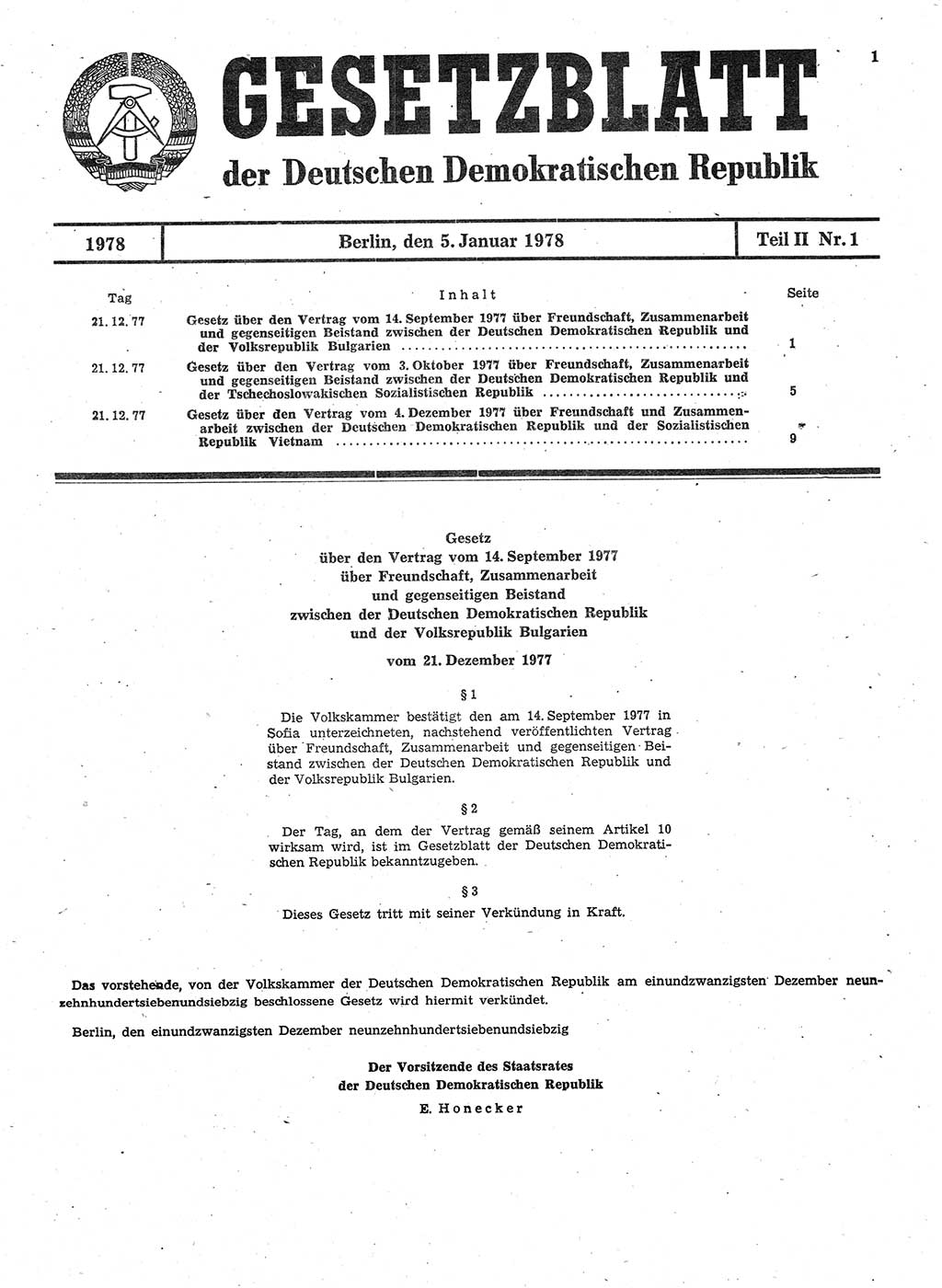 Gesetzblatt (GBl.) der Deutschen Demokratischen Republik (DDR) Teil ⅠⅠ 1978, Seite 1 (GBl. DDR ⅠⅠ 1978, S. 1)