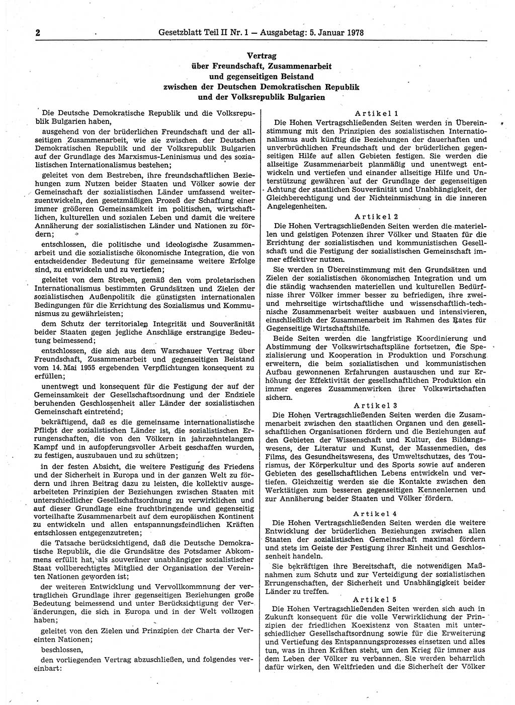 Gesetzblatt (GBl.) der Deutschen Demokratischen Republik (DDR) Teil ⅠⅠ 1978, Seite 2 (GBl. DDR ⅠⅠ 1978, S. 2)