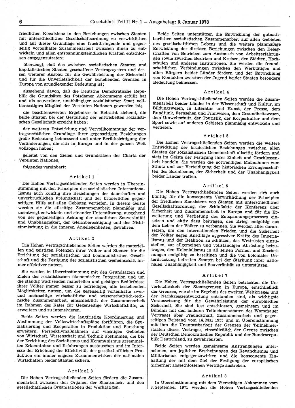 Gesetzblatt (GBl.) der Deutschen Demokratischen Republik (DDR) Teil ⅠⅠ 1978, Seite 6 (GBl. DDR ⅠⅠ 1978, S. 6)