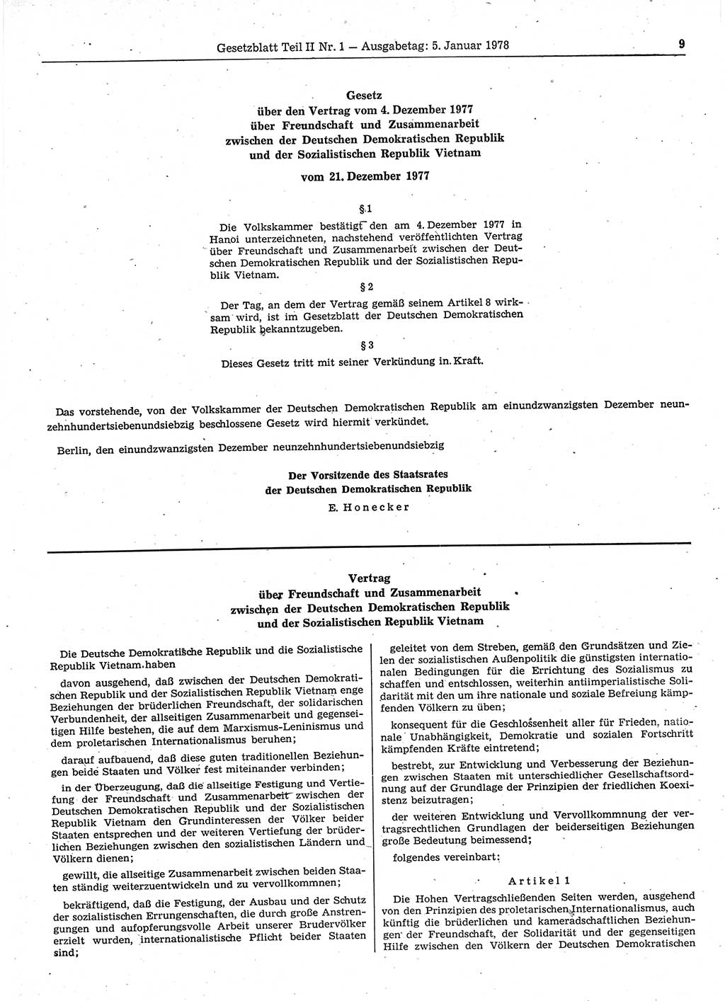 Gesetzblatt (GBl.) der Deutschen Demokratischen Republik (DDR) Teil ⅠⅠ 1978, Seite 9 (GBl. DDR ⅠⅠ 1978, S. 9)