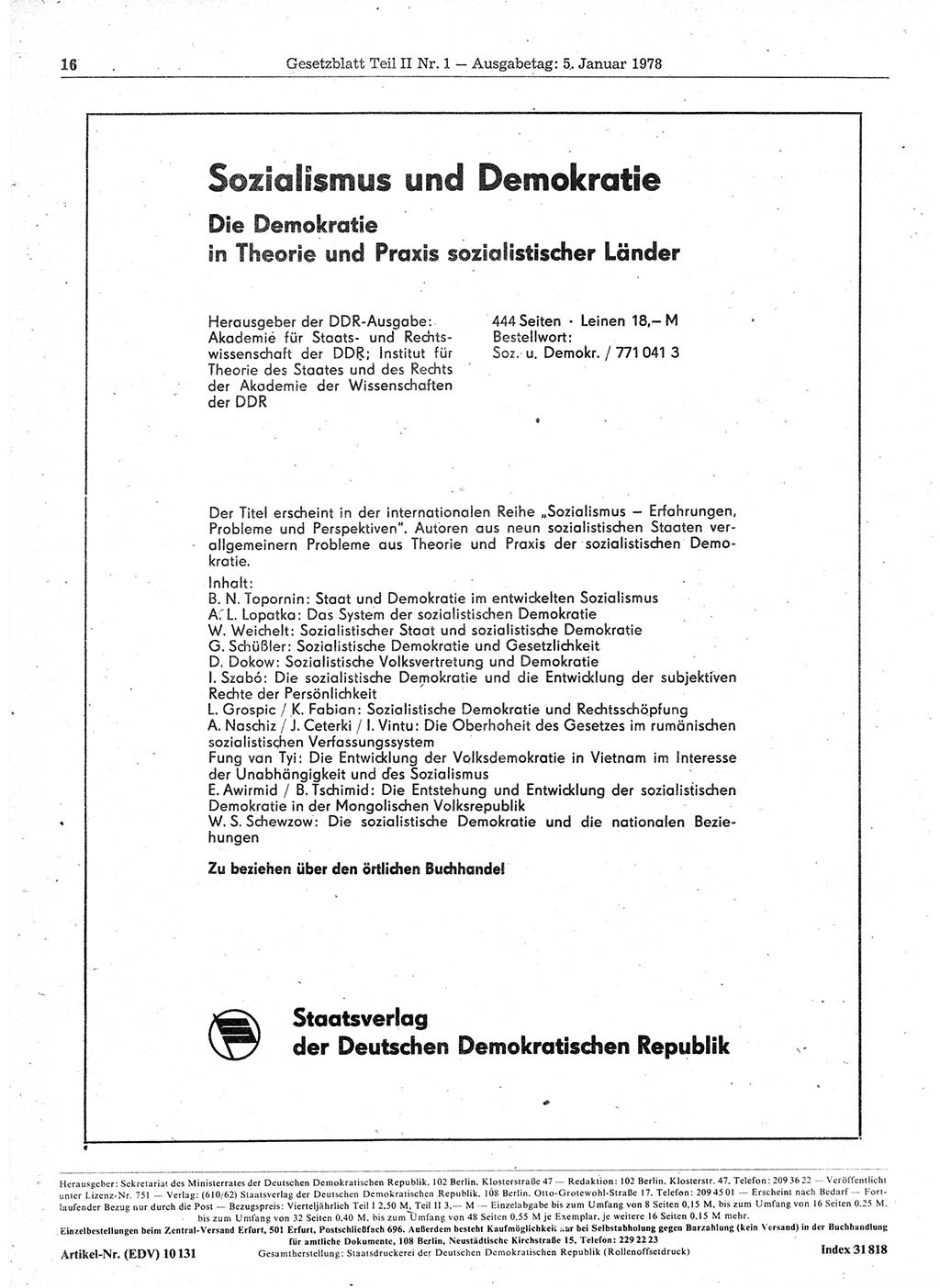 Gesetzblatt (GBl.) der Deutschen Demokratischen Republik (DDR) Teil ⅠⅠ 1978, Seite 16 (GBl. DDR ⅠⅠ 1978, S. 16)
