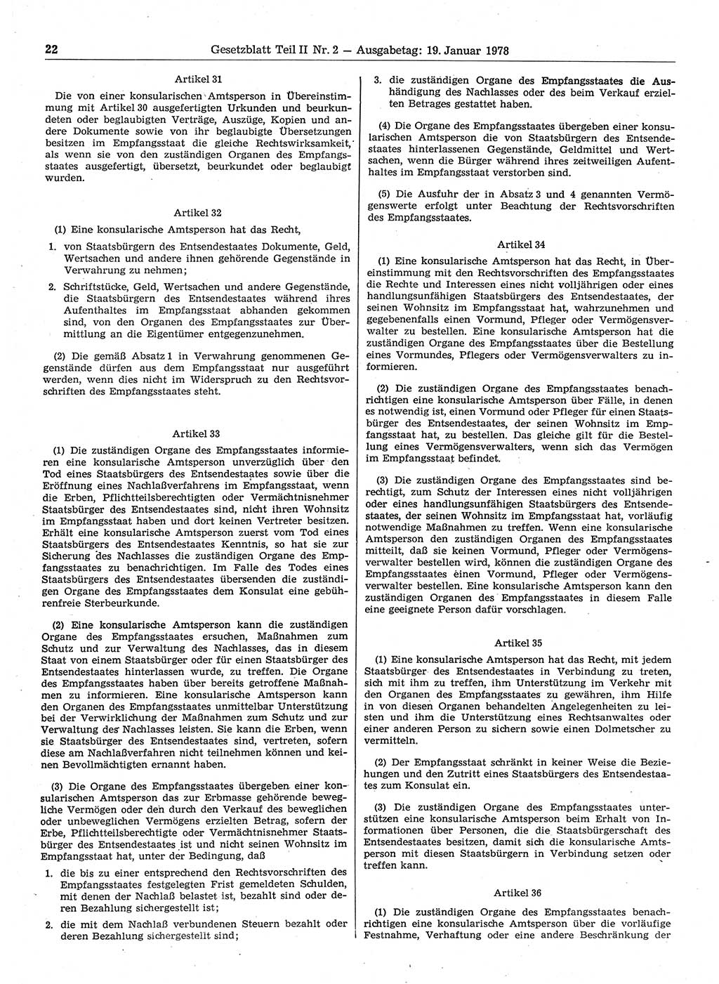 Gesetzblatt (GBl.) der Deutschen Demokratischen Republik (DDR) Teil ⅠⅠ 1978, Seite 22 (GBl. DDR ⅠⅠ 1978, S. 22)