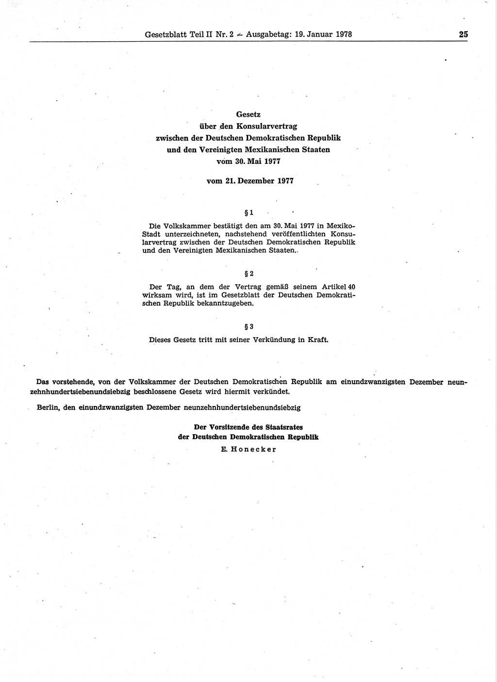 Gesetzblatt (GBl.) der Deutschen Demokratischen Republik (DDR) Teil ⅠⅠ 1978, Seite 25 (GBl. DDR ⅠⅠ 1978, S. 25)
