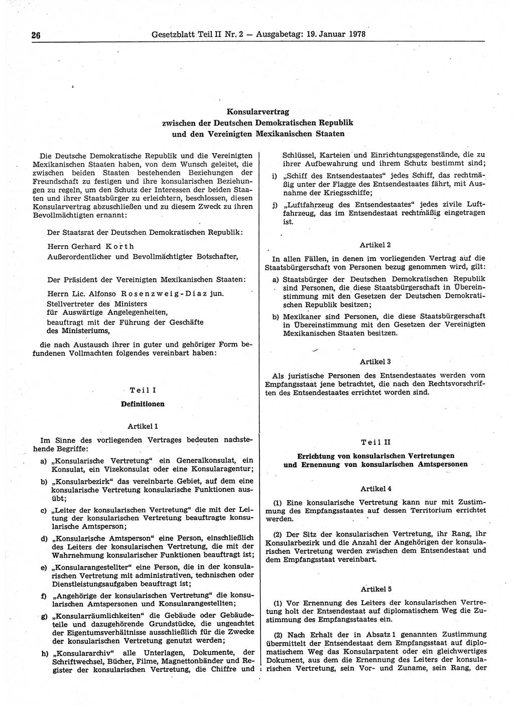 Gesetzblatt (GBl.) der Deutschen Demokratischen Republik (DDR) Teil ⅠⅠ 1978, Seite 26 (GBl. DDR ⅠⅠ 1978, S. 26)