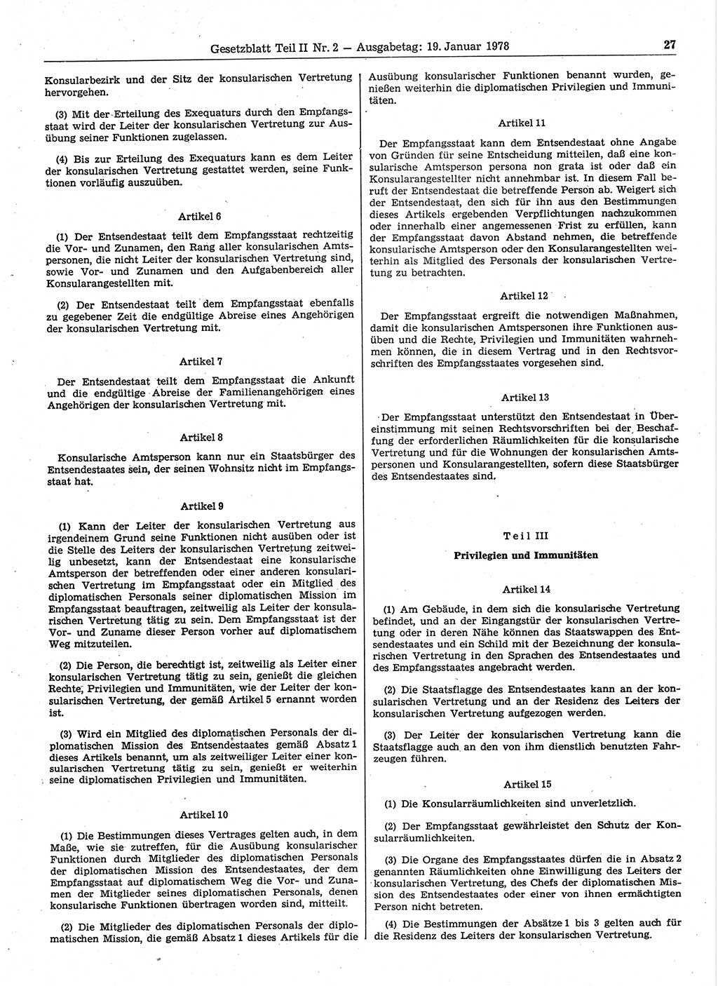 Gesetzblatt (GBl.) der Deutschen Demokratischen Republik (DDR) Teil ⅠⅠ 1978, Seite 27 (GBl. DDR ⅠⅠ 1978, S. 27)