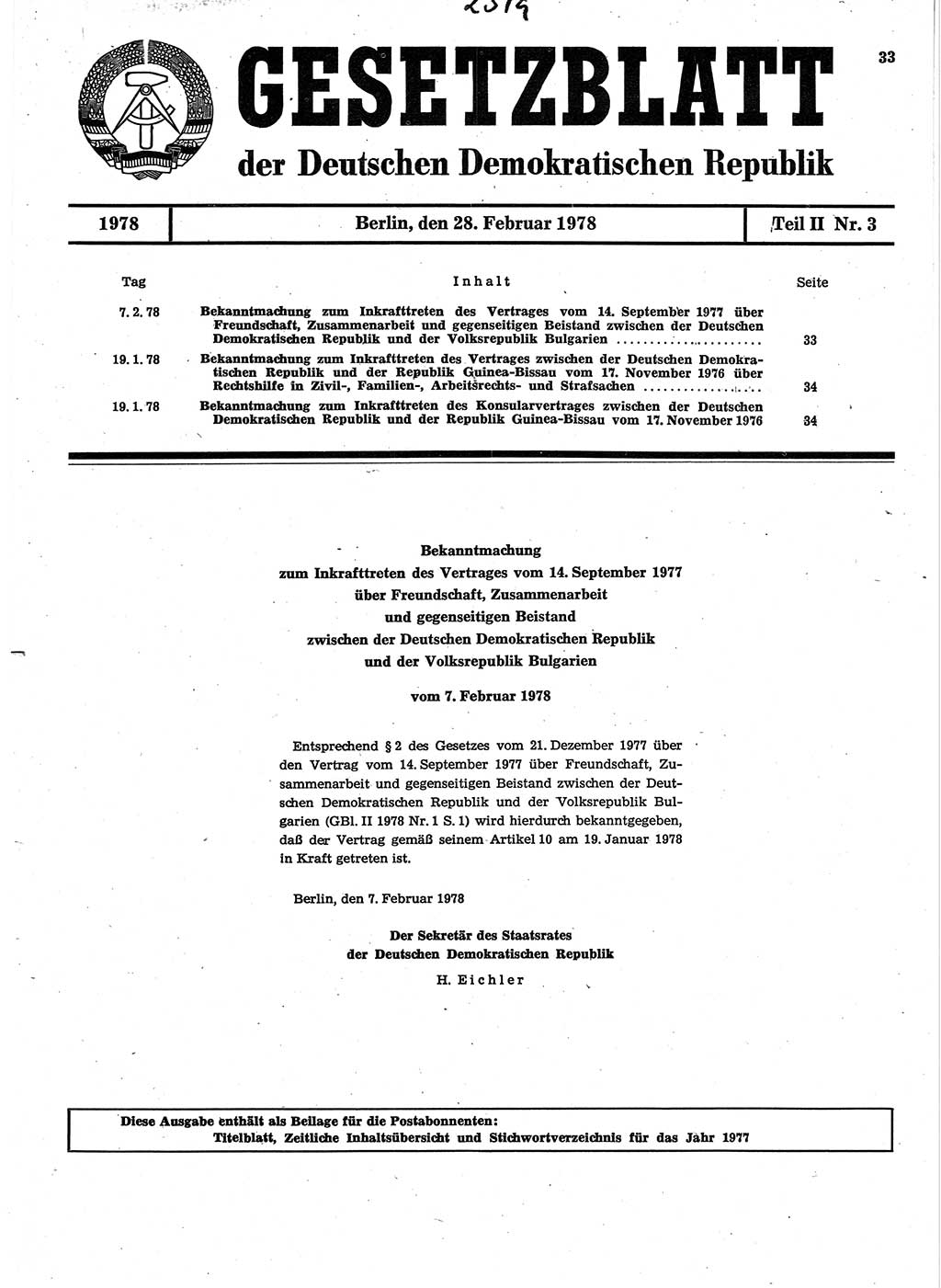 Gesetzblatt (GBl.) der Deutschen Demokratischen Republik (DDR) Teil ⅠⅠ 1978, Seite 33 (GBl. DDR ⅠⅠ 1978, S. 33)