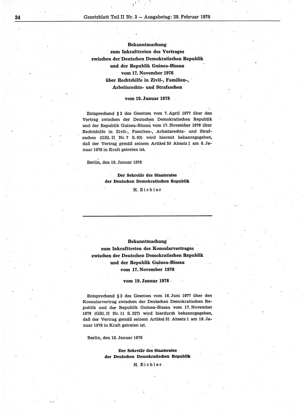 Gesetzblatt (GBl.) der Deutschen Demokratischen Republik (DDR) Teil ⅠⅠ 1978, Seite 34 (GBl. DDR ⅠⅠ 1978, S. 34)