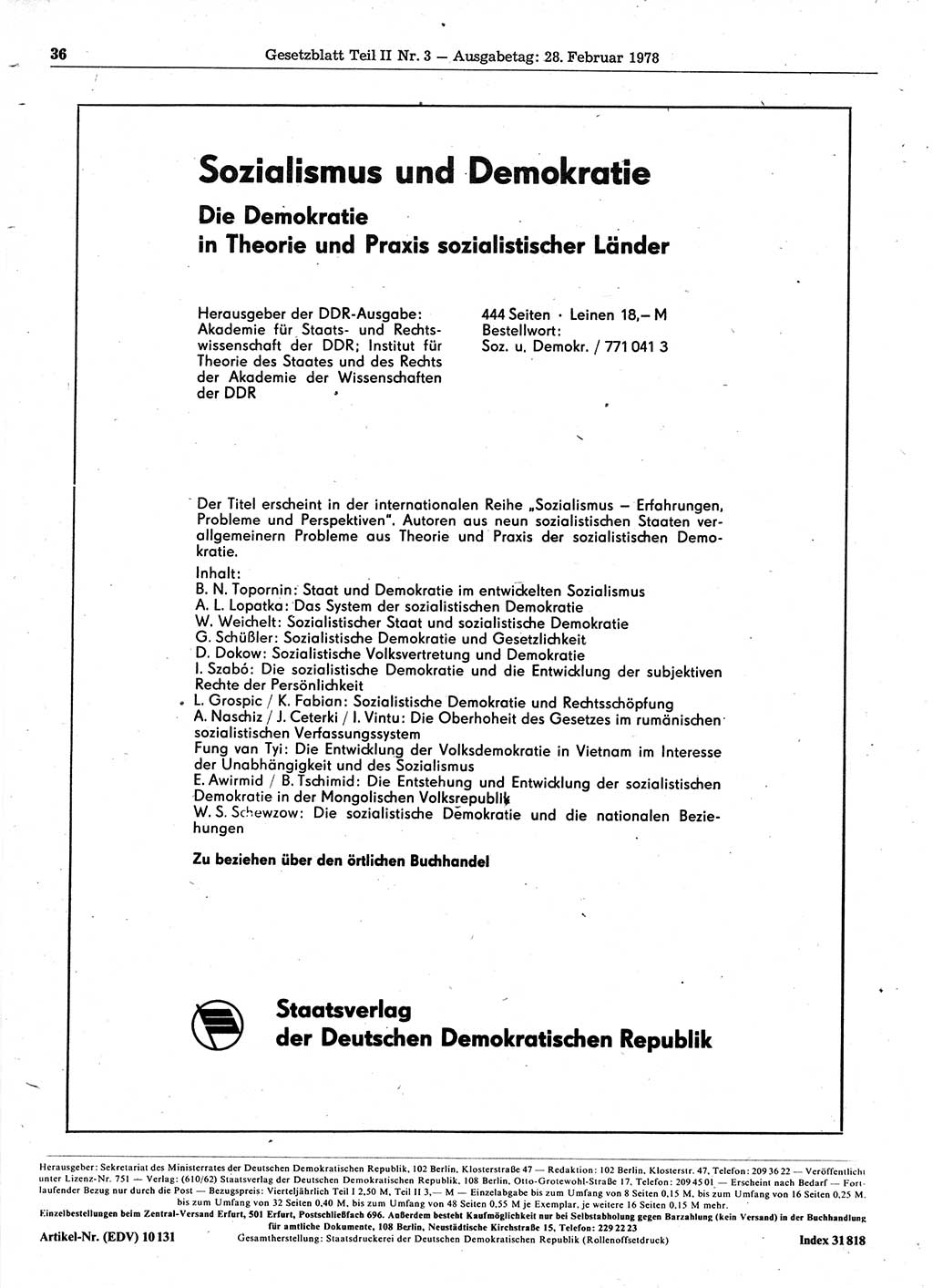 Gesetzblatt (GBl.) der Deutschen Demokratischen Republik (DDR) Teil ⅠⅠ 1978, Seite 36 (GBl. DDR ⅠⅠ 1978, S. 36)