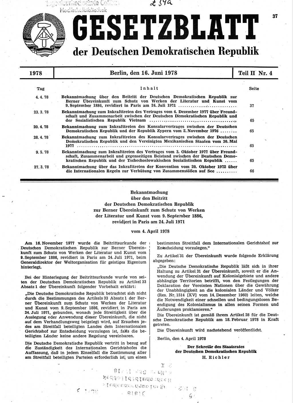 Gesetzblatt (GBl.) der Deutschen Demokratischen Republik (DDR) Teil ⅠⅠ 1978, Seite 37 (GBl. DDR ⅠⅠ 1978, S. 37)