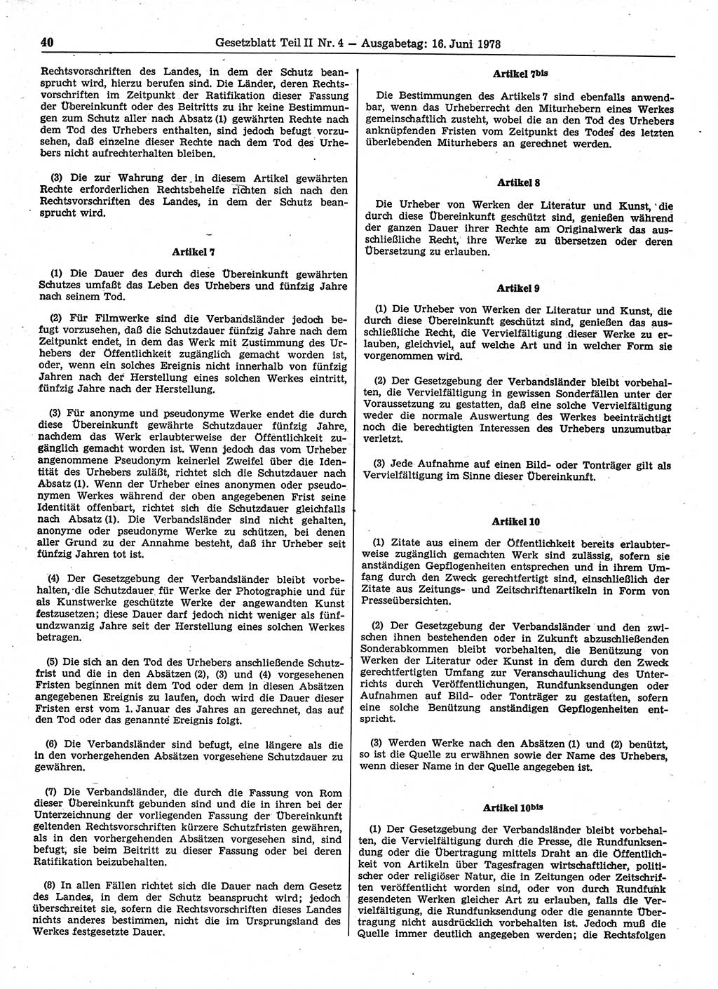 Gesetzblatt (GBl.) der Deutschen Demokratischen Republik (DDR) Teil ⅠⅠ 1978, Seite 40 (GBl. DDR ⅠⅠ 1978, S. 40)
