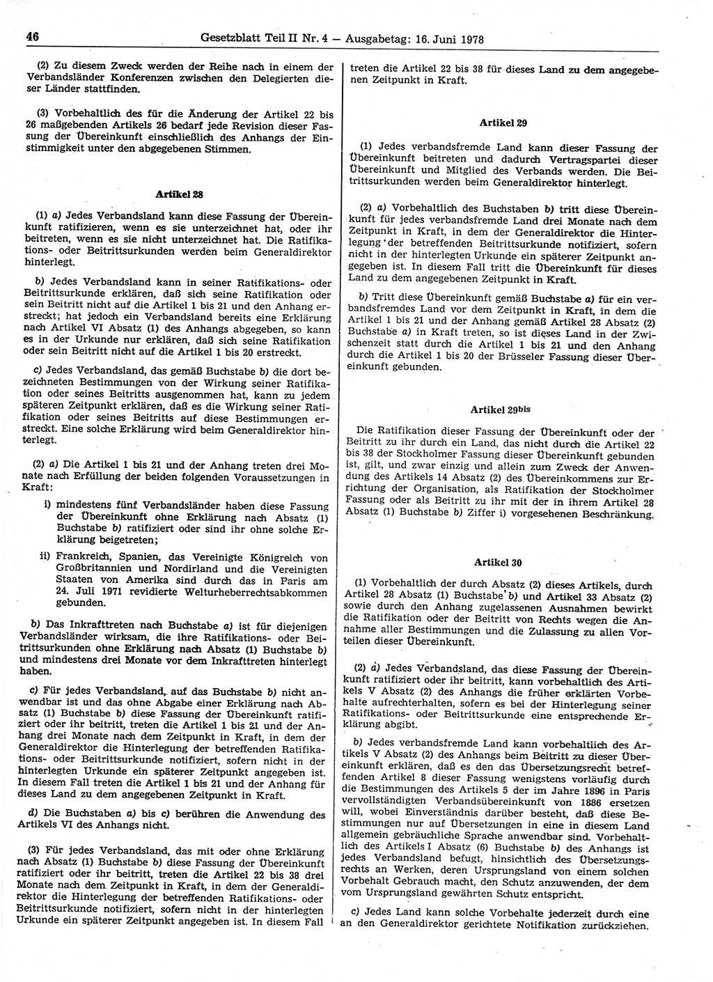 Gesetzblatt (GBl.) der Deutschen Demokratischen Republik (DDR) Teil ⅠⅠ 1978, Seite 46 (GBl. DDR ⅠⅠ 1978, S. 46)