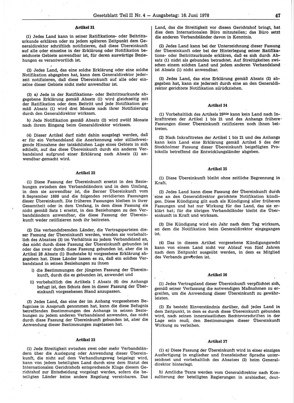 Gesetzblatt (GBl.) der Deutschen Demokratischen Republik (DDR) Teil ⅠⅠ 1978, Seite 47 (GBl. DDR ⅠⅠ 1978, S. 47)
