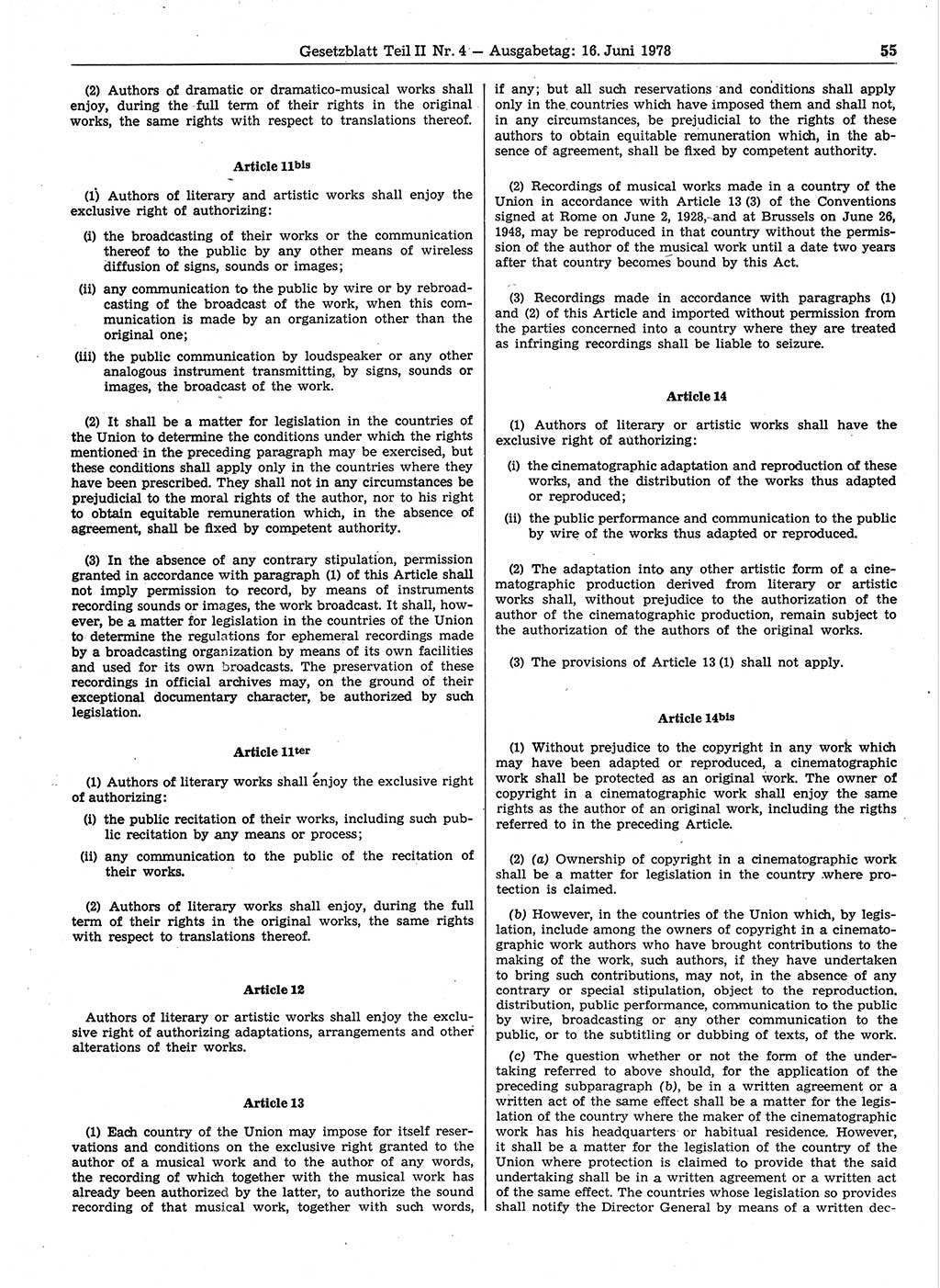 Gesetzblatt (GBl.) der Deutschen Demokratischen Republik (DDR) Teil ⅠⅠ 1978, Seite 55 (GBl. DDR ⅠⅠ 1978, S. 55)