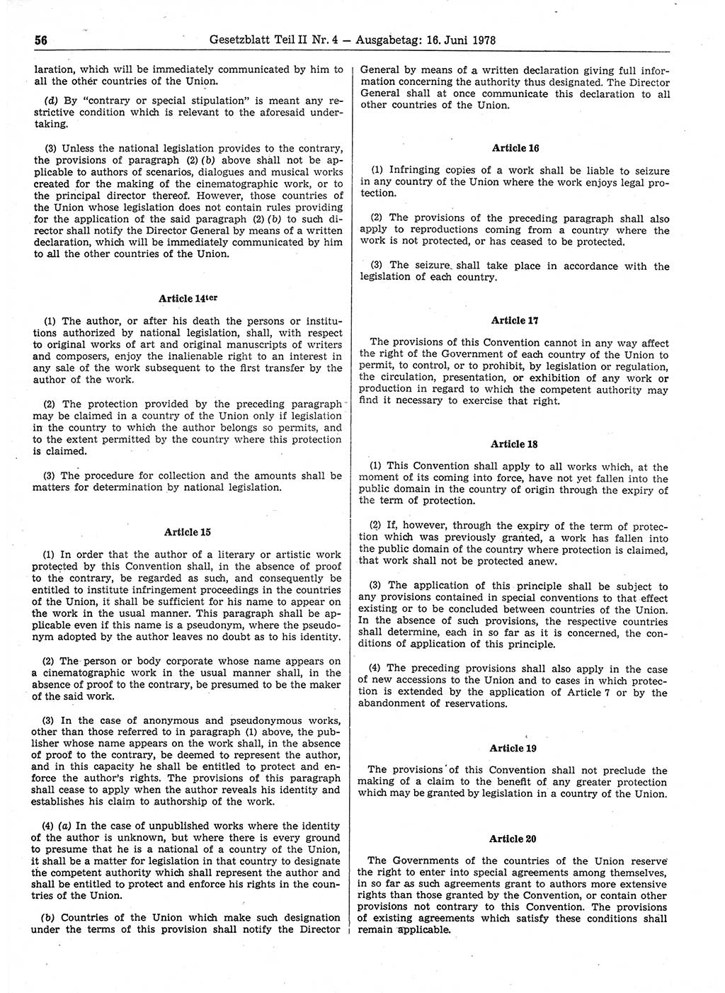 Gesetzblatt (GBl.) der Deutschen Demokratischen Republik (DDR) Teil ⅠⅠ 1978, Seite 56 (GBl. DDR ⅠⅠ 1978, S. 56)